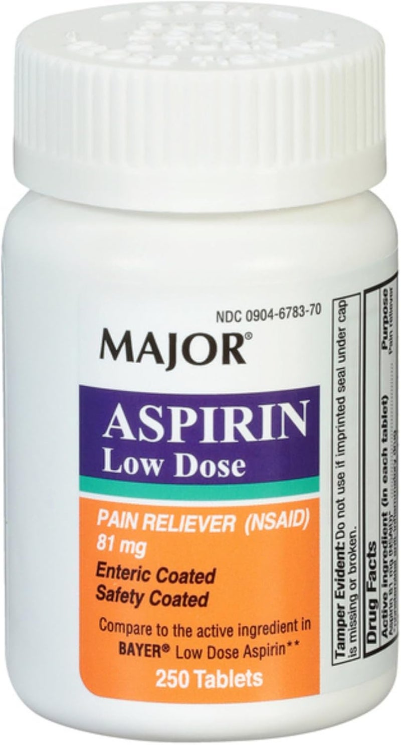 MAJOR Aspirin Low Dose 81 Mg - Pain Reliever (NSAID) - Enteric Coated - 250 Tablets - Image 1